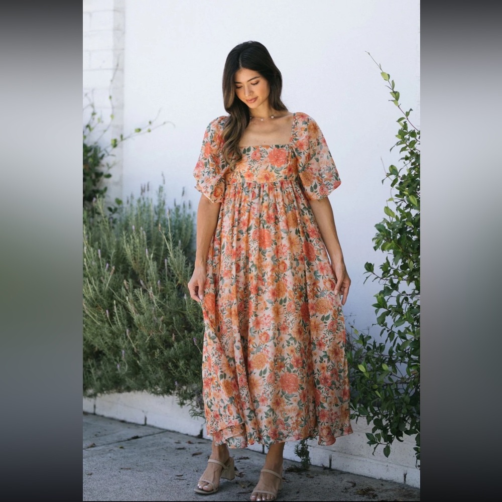 Morning Lavender Women’s Orange Floral Puff Sleeve Baby DollMaxi Dress Size 1XL - Picture 5 of 14